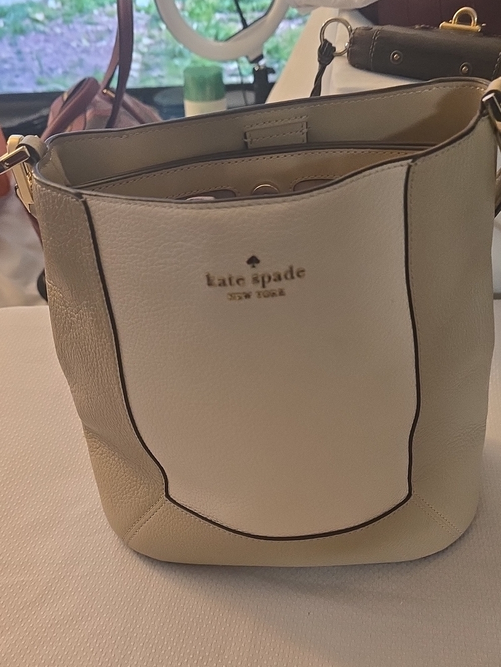 kate spade Cream and White Leather Crossbody Bucket Bag